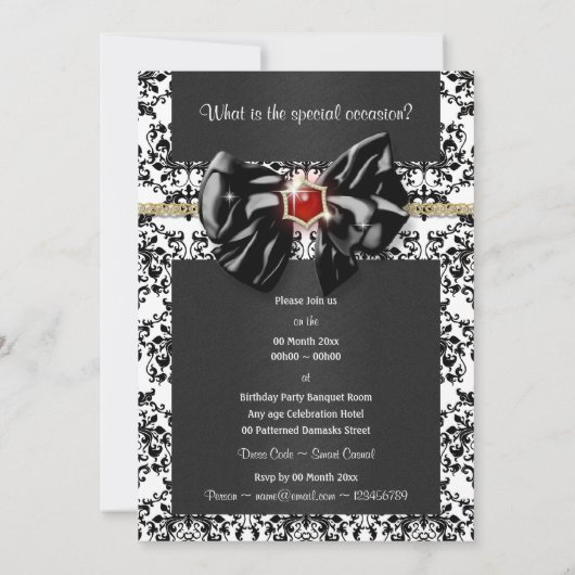 Zwart wit rood damast elegant kaart (Achterkant)