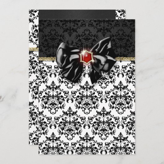 Zwart wit rood damast elegant kaart (Voorkant / Achterkant)