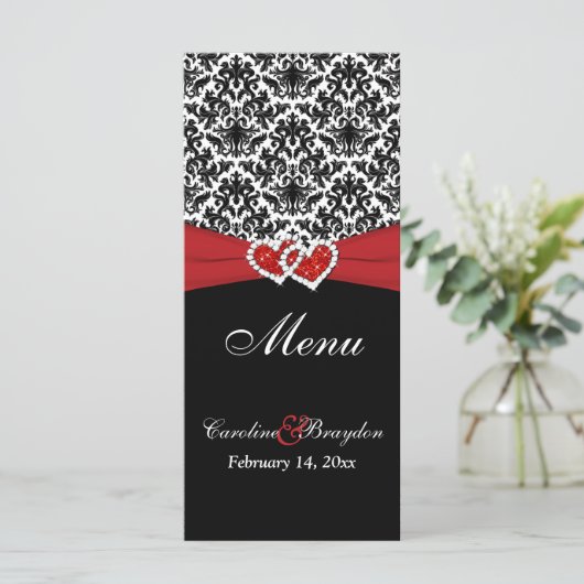 Zwart wit rood damast, harten bruiloft menu (Staand voorkant)