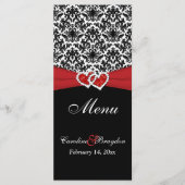 Zwart wit rood damast, harten bruiloft menu (Voorkant)