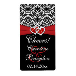 Zwart Wit Rood Damast Harten Wijnlabel Etiket