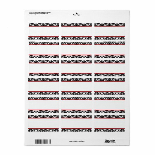 Zwart Wit Rood Damast Print-At-Home Label (Full Sheet)