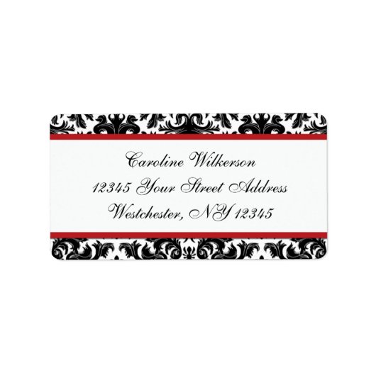 Zwart Wit Rood Damast Retouradres Label (Voorkant)