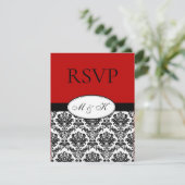 Zwart Wit Rood Damast RSVP Kaartje (Staand voorkant)