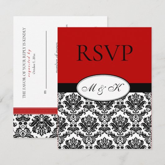 Zwart Wit Rood Damast RSVP Kaartje (Voorkant / Achterkant)