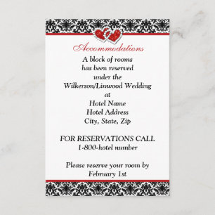 Zwart wit rood damast, samengevoegde harten invoeg informatiekaartje