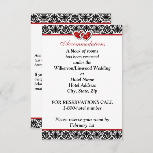 Zwart wit rood damast, samengevoegde harten invoeg informatiekaartje (Voorkant / Achterkant)