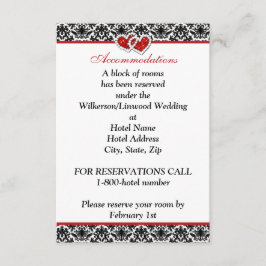 Zwart wit rood damast, samengevoegde harten invoeg informatiekaartje