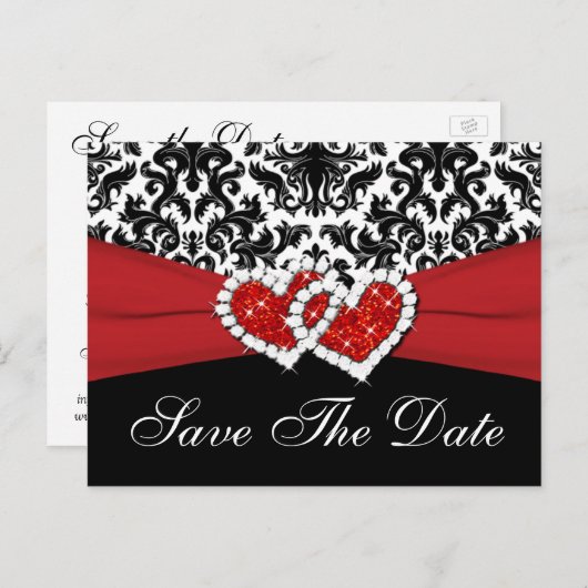 Zwart, Wit, Rood Damast Save the Date Briefkaart (Voorkant / Achterkant)
