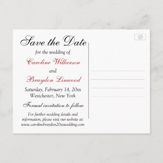 Zwart, Wit, Rood Damast Save the Date Briefkaart (Achterkant)