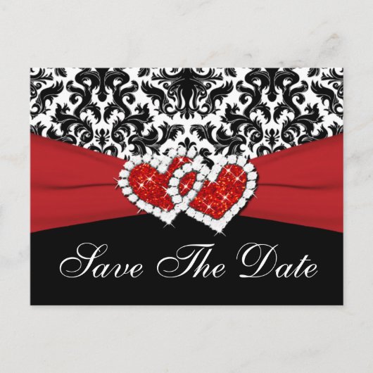 Zwart, Wit, Rood Damast Save the Date Briefkaart (Voorkant)