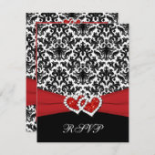 Zwart Wit Rood Damast, Verbonden Harten RSVP Kaart (Voorkant / Achterkant)
