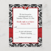 Zwart Wit Rood Damast, Verbonden Harten RSVP Kaart (Achterkant)