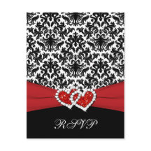 Zwart Wit Rood Damast, Verbonden Harten RSVP Kaart