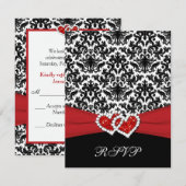 Zwart Wit Rood Damast, Verbonden Harten RSVP Kaart (Voorkant / Achterkant)