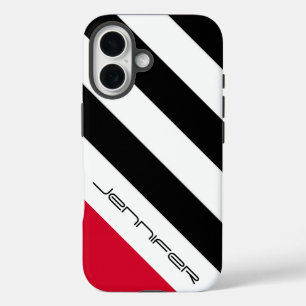 Zwart-wit rood diagonaal, naam, minimalistisch iPhone 16 hoesje