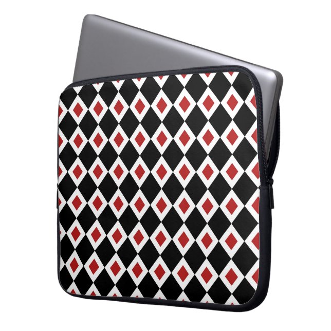 Zwart, wit, rood diamantpatroon laptop sleeve (Voorkant Links)