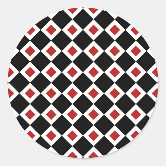 Zwart, wit, rood diamantpatroon ronde sticker (Voorkant)
