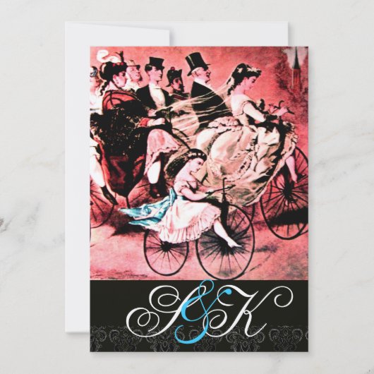 ZWART WIT ROOD FIETS TROUWEN DAMAST MONOGRAM KAART (Voorkant)