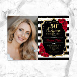 Zwart Wit Rood Foto Verrassing 50e Verjaardag Kaart<br><div class="desc">Elegante bloemenvrouwelijke verrassing 50e verjaardag uitnodiging met uw foto. Glam zwart wit rood design met faux glitter goud. Beschikt over zwart-witte strepen, rode rozen, script lettertype en confetti. Perfect voor een stijlvol volwassen verrassingsfeestje op de dag. Personaliseer met je eigen gegevens. Kan voor om het even welke leeftijd worden aangepast!...</div>