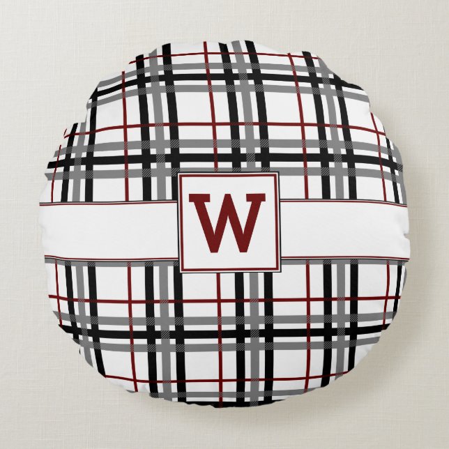 Zwart-wit-rood geruit ronde kussen (Voorkant)