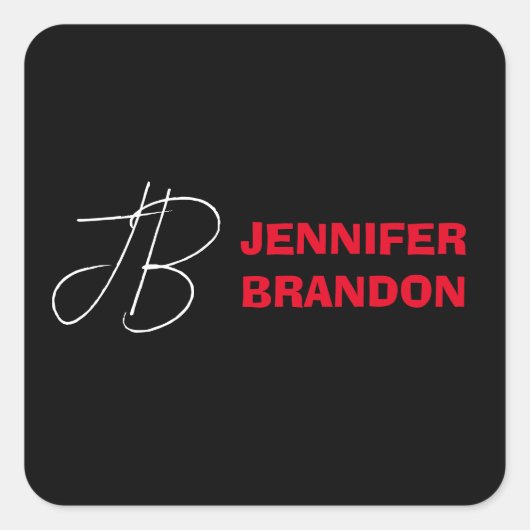Zwart wit rood handschrift Monogram toevoegen Naam Vierkante Sticker (Voorkant)