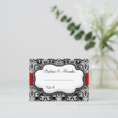 Zwart/Wit/Rood Lint Damask Bruiloft Plaatskaartje (Staand voorkant)
