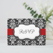 Zwart/Wit/Rood Lint Damask Bruiloft RSVP Antwoord (Staand voorkant)