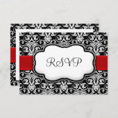 Zwart/Wit/Rood Lint Damask Bruiloft RSVP Antwoord (Voorkant / Achterkant)