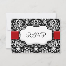 Zwart/Wit/Rood Lint Damask Bruiloft RSVP Antwoord
