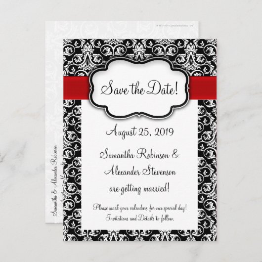 Zwart/wit/rood lint Damask Sla de datum op Aankondigingskaart (Voorkant / Achterkant)