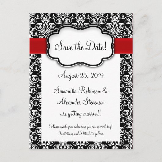 Zwart/wit/rood lint Damask Sla de datum op Aankondigingskaart (Voorkant)