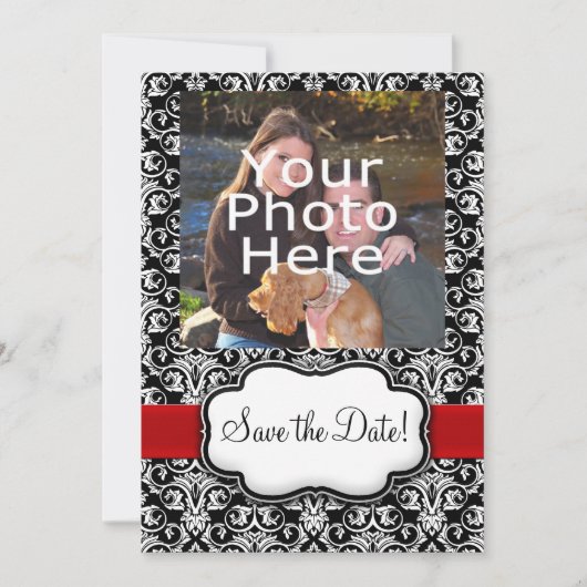 Zwart/wit/rood lint Damask Sla de datum op Save The Date (Voorkant)