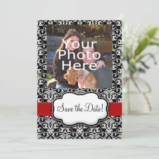 Zwart/wit/rood lint Damask Sla de datum op Save The Date (Staand voorkant)