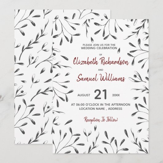 Zwart, wit rood met een witte florale bruiloft kaart (Voorkant / Achterkant)