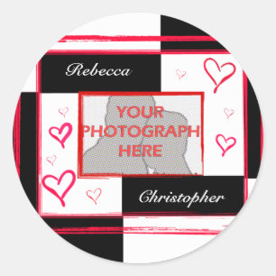 Zwart wit rood modern liefdeshart foto lijst ronde sticker