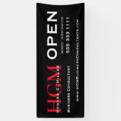 Zwart & Wit Rood Monogram Open Bedrijfsbanner Spandoek (Verticaal)