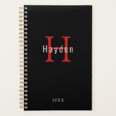 Zwart-wit rood monogram Voeg Jouw naam toe + Jaar Planner (Voorkant)