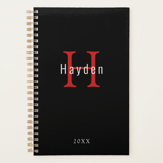 Zwart-wit rood monogram Voeg Jouw naam toe + Jaar Planner (Voorkant)