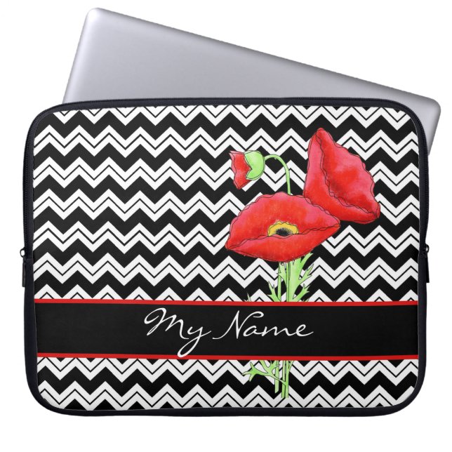 Zwart-wit rood papaver Zizzag Chevron Gepersonalis Laptop Sleeve (Voorkant)
