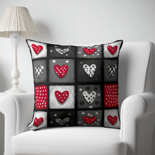 Zwart Wit Rood Patchwork met Harten Kussen