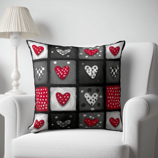 Zwart Wit Rood Patchwork met Harten Kussen (Creator heeft geüpload)