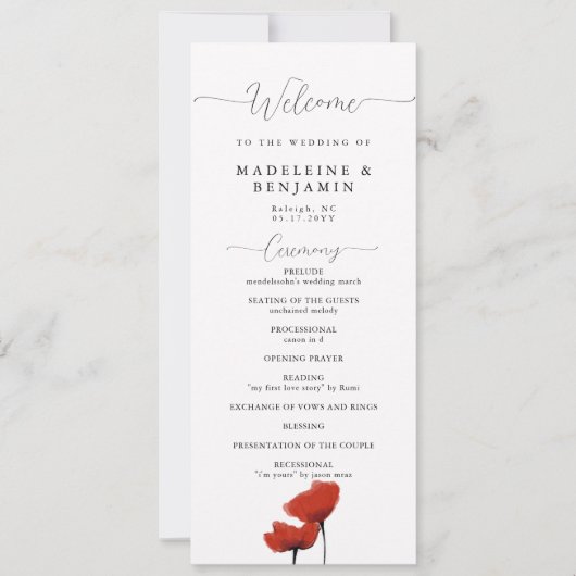 Zwart Wit Rood Poppies Elegant Bruiloft Programma (Voorkant)