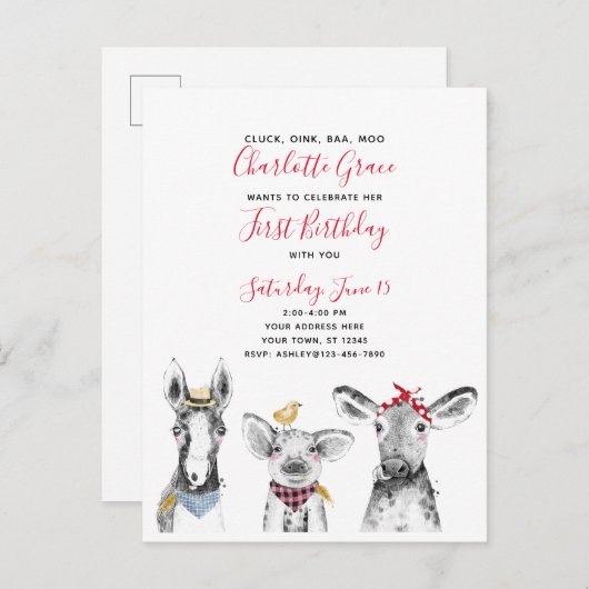 Zwart Wit Rood Script Boerderij Verjaardagsuitnodi Uitnodiging Briefkaart (Voorkant / Achterkant)