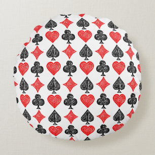 Zwart/Wit/Rood Spelen Kaart Alle Symbolen Lino Cut Rond Kussen