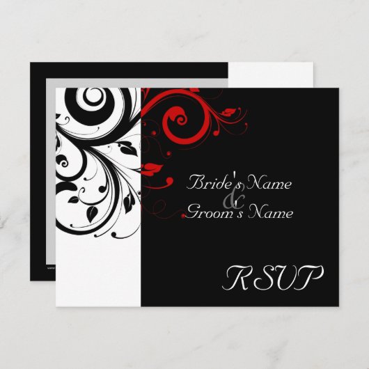 Zwart + Wit Rood Swirl Bruiloft Matching RSVP (Voorkant / Achterkant)