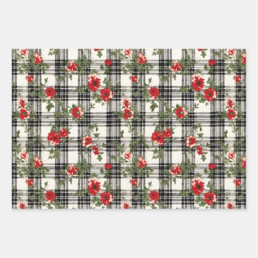 Zwart Wit Rood Verdrietig Kerst Plaid Florals Inpakpapier Vel (Voorkant 3)