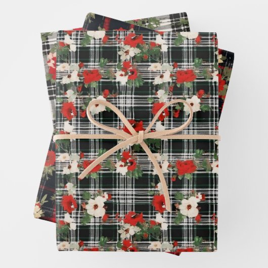 Zwart Wit Rood Verdrietig Kerst Plaid Florals Inpakpapier Vel (In situ)