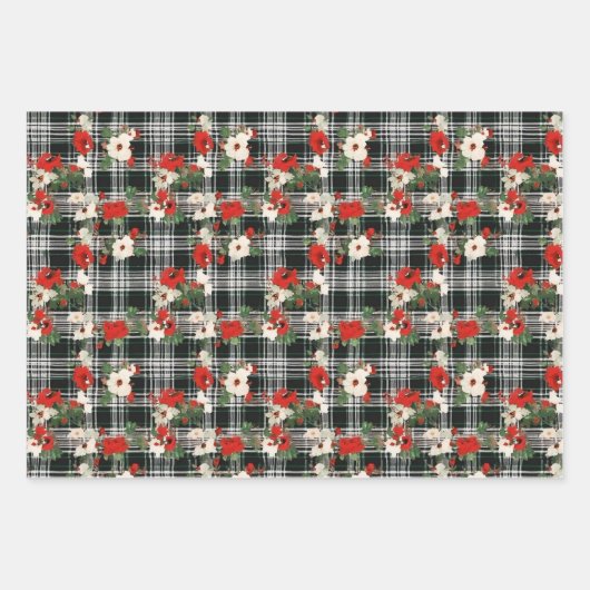 Zwart Wit Rood Verdrietig Kerst Plaid Florals Inpakpapier Vel (Voorkant)