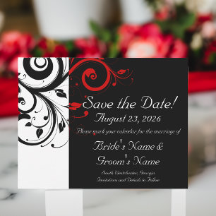 Zwart, Wit, Rood wervelingshuwelijk Sla de datum o Save The Date
